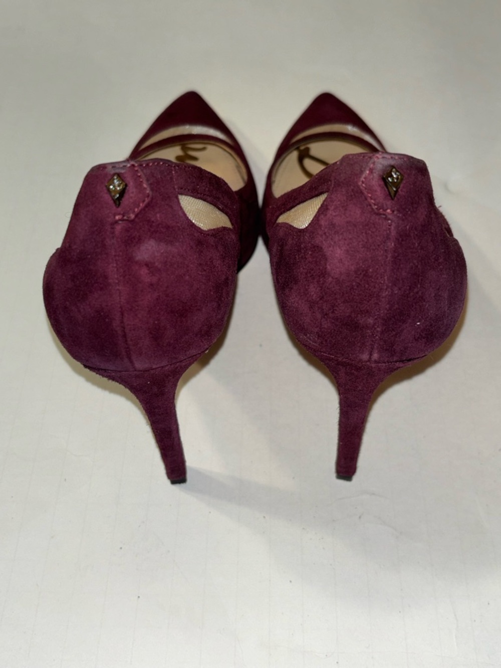 Sam Edelman Burgundy Suede Pointed-Toe Mesh-Inset Pumps - Picture 4 of 15